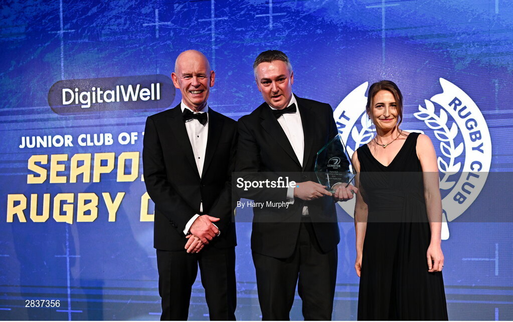 1 June 2024; Karl O’Neill of Seapoint Rugby Club is presented with the DigitalWell Junior Club of the Year award by Mark McShane of DigitalWell and Leinster Rugby president Billy Murphy during the 2024 Leinster Rugby Awards Ball at The InterContinental Hotel in Dublin. Photo by Harry Murphy/Sportsfile