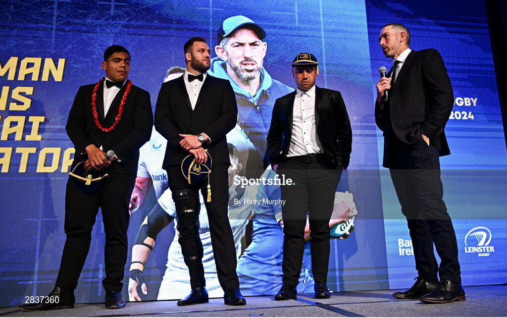 1 June 2024; Departing Leinster players Michael Ala'alatoa, Jason Jenkins and Charlie Ngatai and backs coach Andrew Goodman during the 2024 Leinster Rugby Awards Ball at The InterContinental Hotel in Dublin. Photo by Harry Murphy/Sportsfile