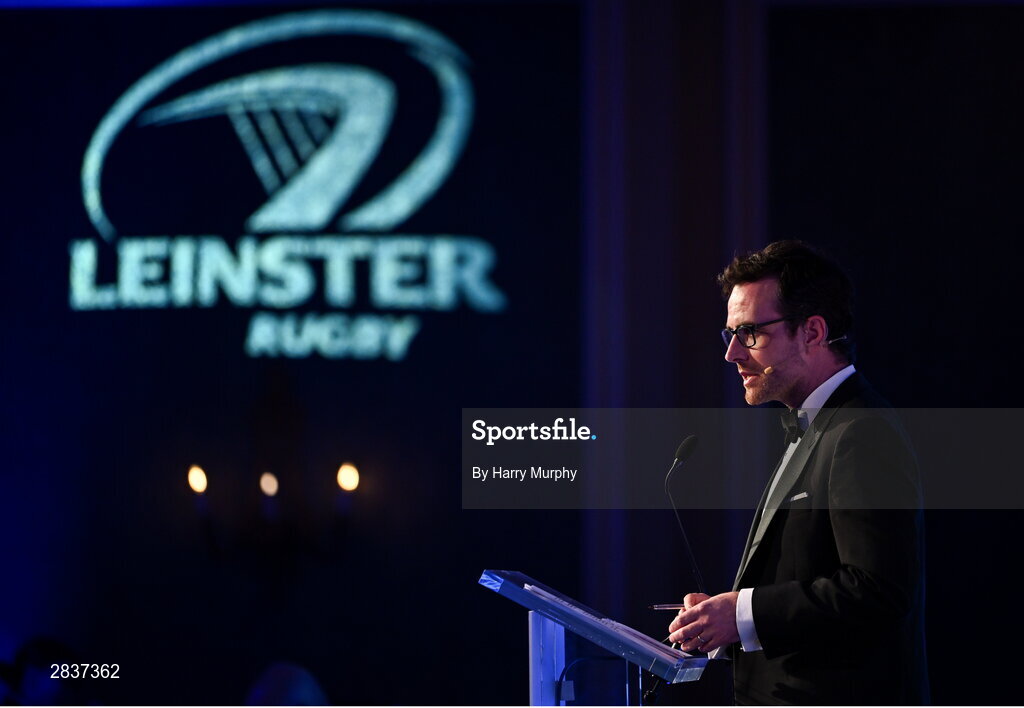 1 June 2024; MC Joe Molloy speaks during the 2024 Leinster Rugby Awards Ball at The InterContinental Hotel in Dublin. Photo by Harry Murphy/Sportsfile