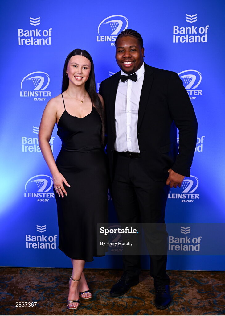 1 June 2024; Temi Lasisi and Ava Bannon on arrival at the 2024 Leinster Rugby Awards Ball at The InterContinental Hotel in Dublin. Photo by Harry Murphy/Sportsfile