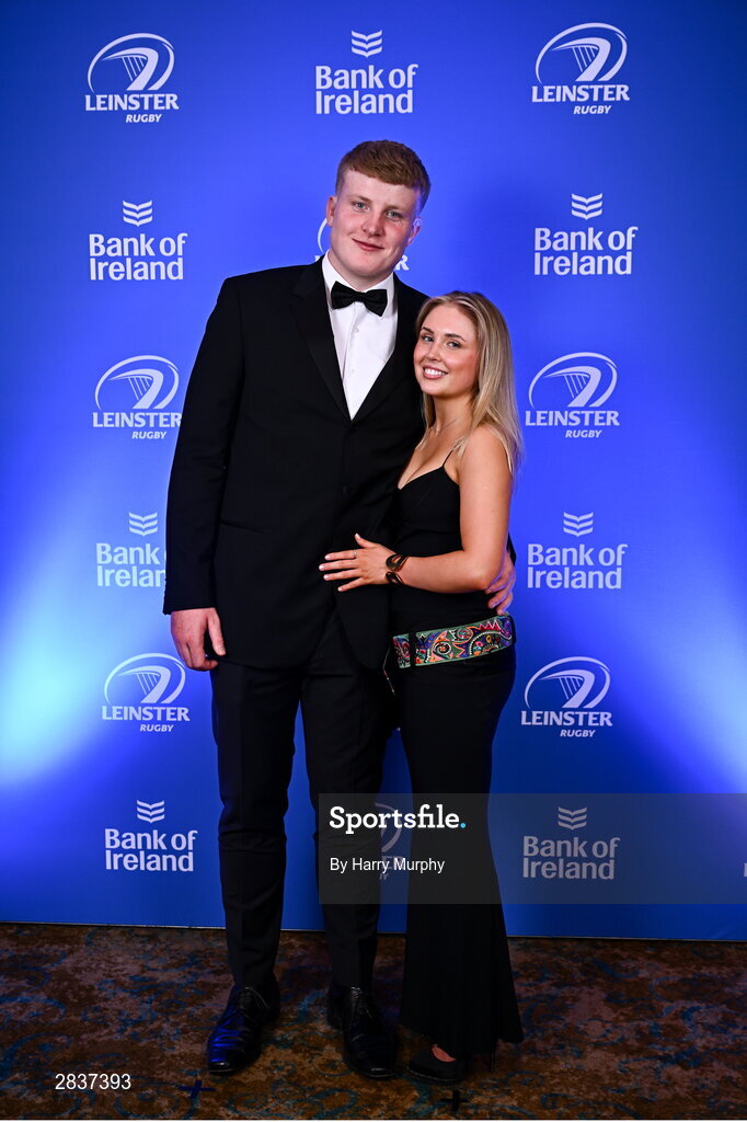 1 June 2024; Conor O'Tighearnaigh and Charlotte Byrne on arrival at the 2024 Leinster Rugby Awards Ball at The InterContinental Hotel in Dublin. Photo by Harry Murphy/Sportsfile