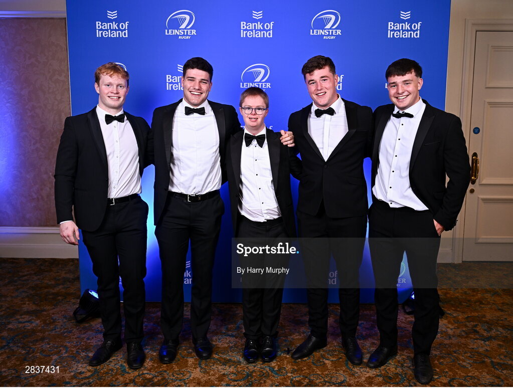 1 June 2024; Hugh Cooney, Ben Brownlee, Andrew McCarthy, Gus McCarthy and Liam Molony on arrival at the 2024 Leinster Rugby Awards Ball at The InterContinental Hotel in Dublin. Photo by Harry Murphy/Sportsfile