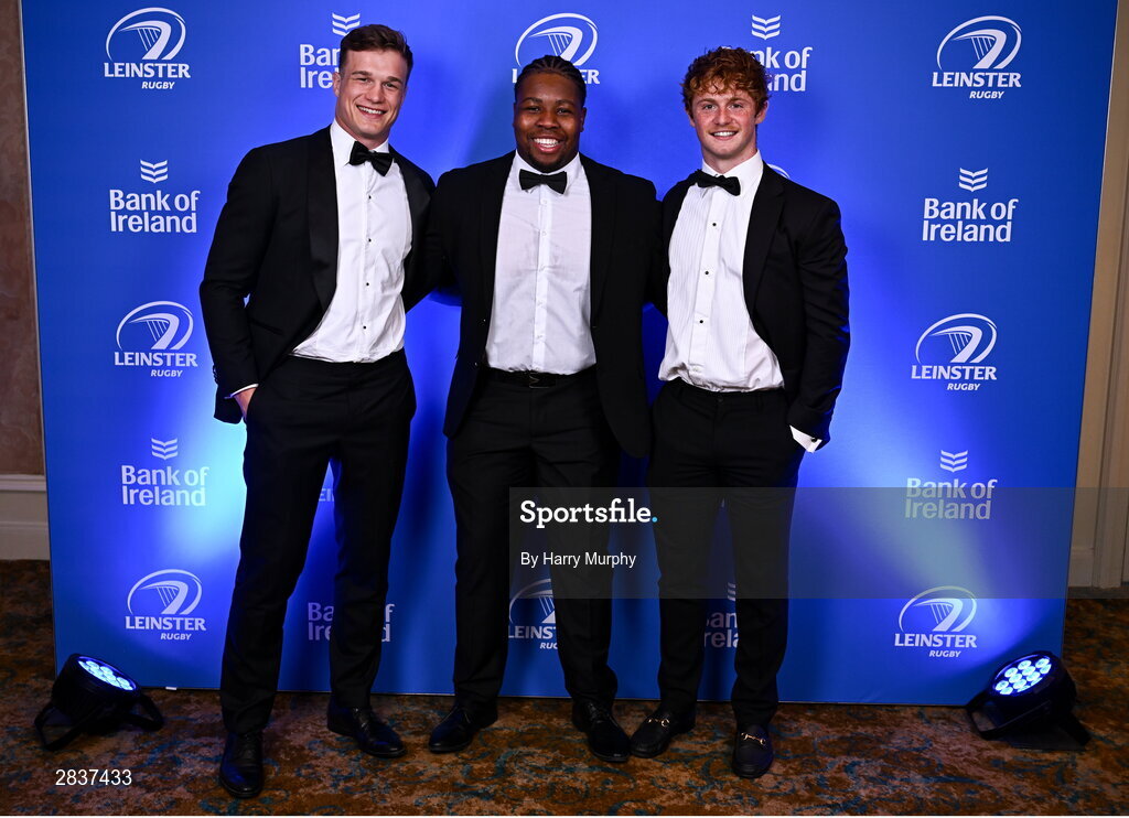 1 June 2024; Josh van der Flier, Temi Lasisi and Henry McErlean on arrival at the 2024 Leinster Rugby Awards Ball at The InterContinental Hotel in Dublin. Photo by Harry Murphy/Sportsfile