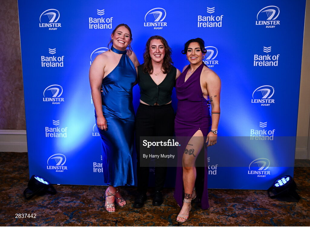 1 June 2024; Kirstie Stevenson, Molly Boyne and Aimee Clarke on arrival at the 2024 Leinster Rugby Awards Ball at The InterContinental Hotel in Dublin. Photo by Harry Murphy/Sportsfile