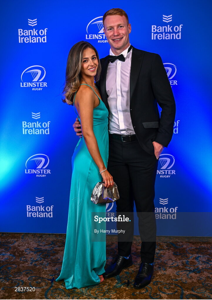 1 June 2024; Ciarán Frawley and Charlotte Murphy on arrival at the 2024 Leinster Rugby Awards Ball at The InterContinental Hotel in Dublin. Photo by Harry Murphy/Sportsfile