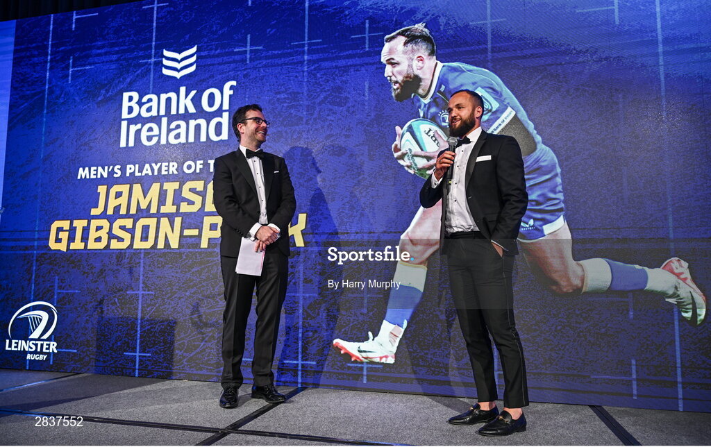 1 June 2024; Jamison Gibson-Park speaks to MC Joe Molloy after being presented with the Bank of Ireland Men’s Player’s Player of the Year award during the 2024 Leinster Rugby Awards Ball at The InterContinental Hotel in Dublin. Photo by Harry Murphy/Sportsfile