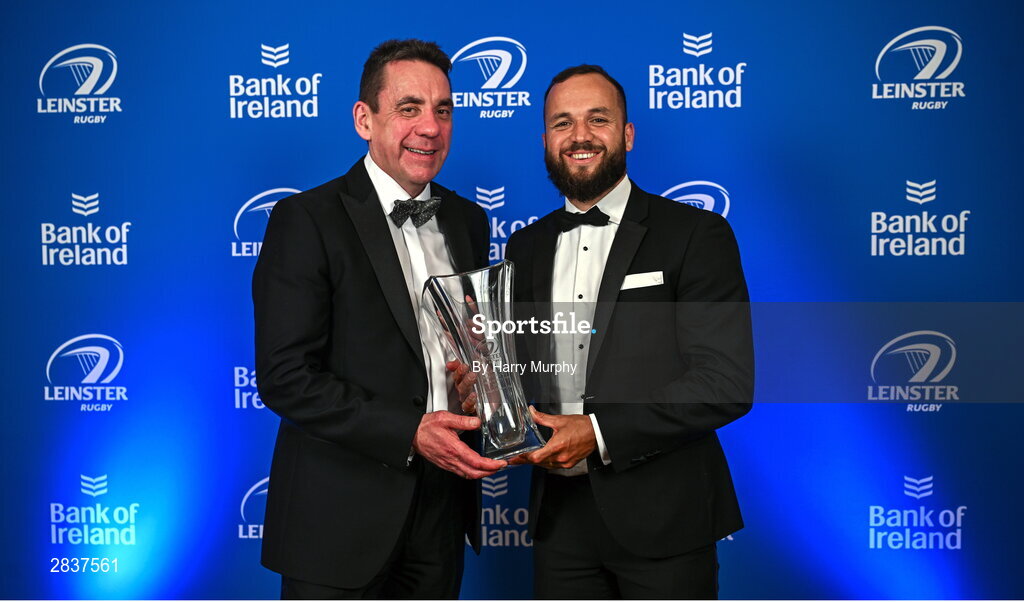 1 June 2024; Jamison Gibson-Park is presented with the Bank of Ireland Men’s Player’s Player of the Year award by Myles O’Grady of Bank of Ireland during the 2024 Leinster Rugby Awards Ball at The InterContinental Hotel in Dublin. Photo by Harry Murphy/Sportsfile