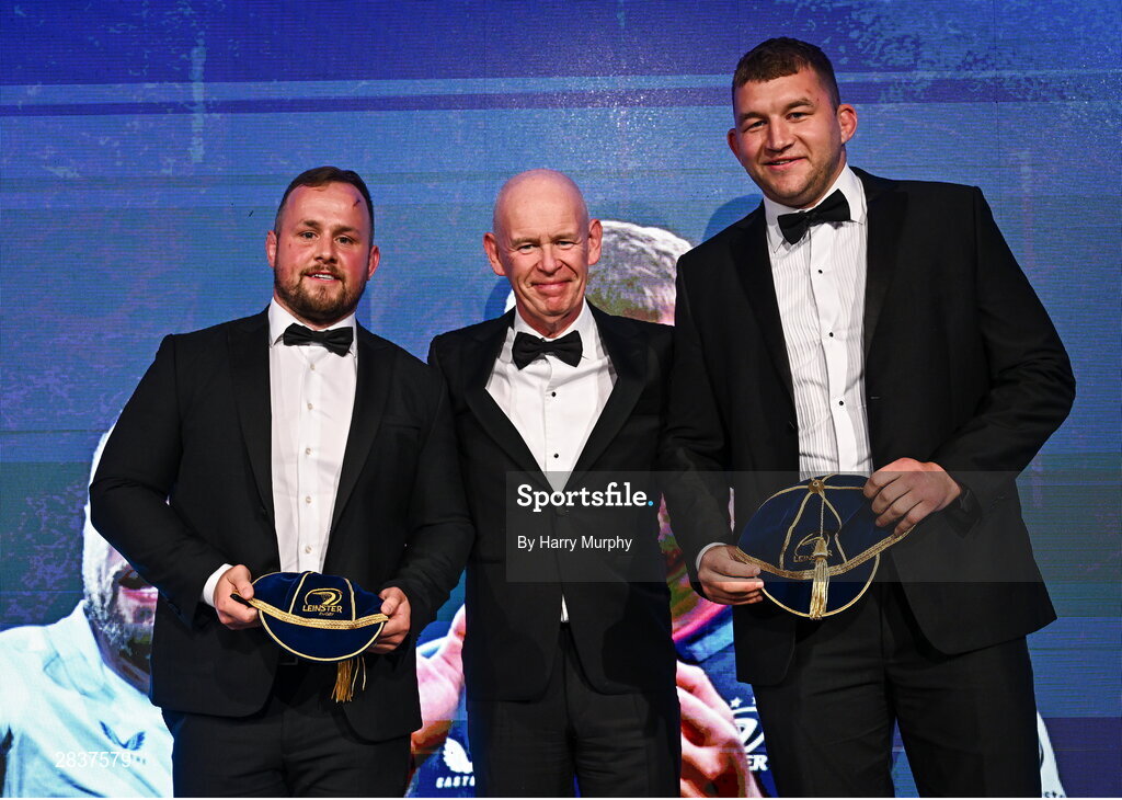 1 June 2024; Departing Leinster players Ed Byrne and Ross Molony with Leinster Rugby president Billy Murphy during the 2024 Leinster Rugby Awards Ball at The InterContinental Hotel in Dublin. Photo by Harry Murphy/Sportsfile