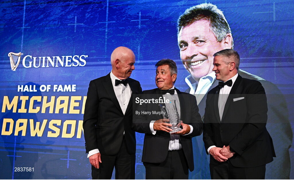 1 June 2024; Mick Dawson is presented with the Guinness Hall of Fame award by James Brown of Diageo and Leinster Rugby president Billy Murphy during the 2024 Leinster Rugby Awards Ball at The InterContinental Hotel in Dublin. Photo by Harry Murphy/Sportsfile