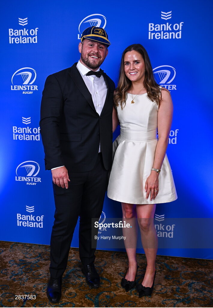 1 June 2024; Departing Leinster player Ed Byrne with his wife Rebecca Long during the 2024 Leinster Rugby Awards Ball at The InterContinental Hotel in Dublin. Photo by Harry Murphy/Sportsfile
