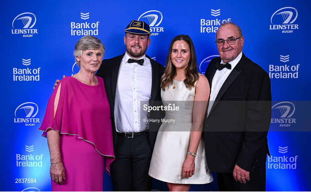 1 June 2024; Departing Leinster player Ed Byrne with his parents Anna and Tom, and wife Rebecca Long during the 2024 Leinster Rugby Awards Ball at The InterContinental Hotel in Dublin. Photo by Harry Murphy/Sportsfile