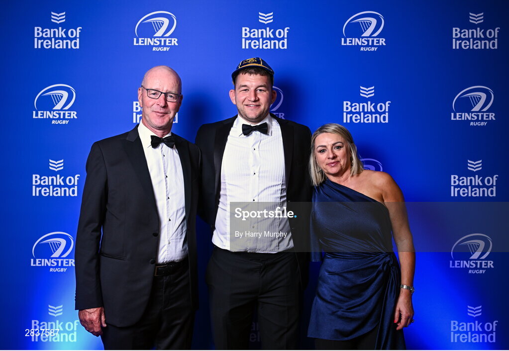 1 June 2024; Departing Leinster player Ross Molony with his parents Kevin and Una during the 2024 Leinster Rugby Awards Ball at The InterContinental Hotel in Dublin. Photo by Harry Murphy/Sportsfile