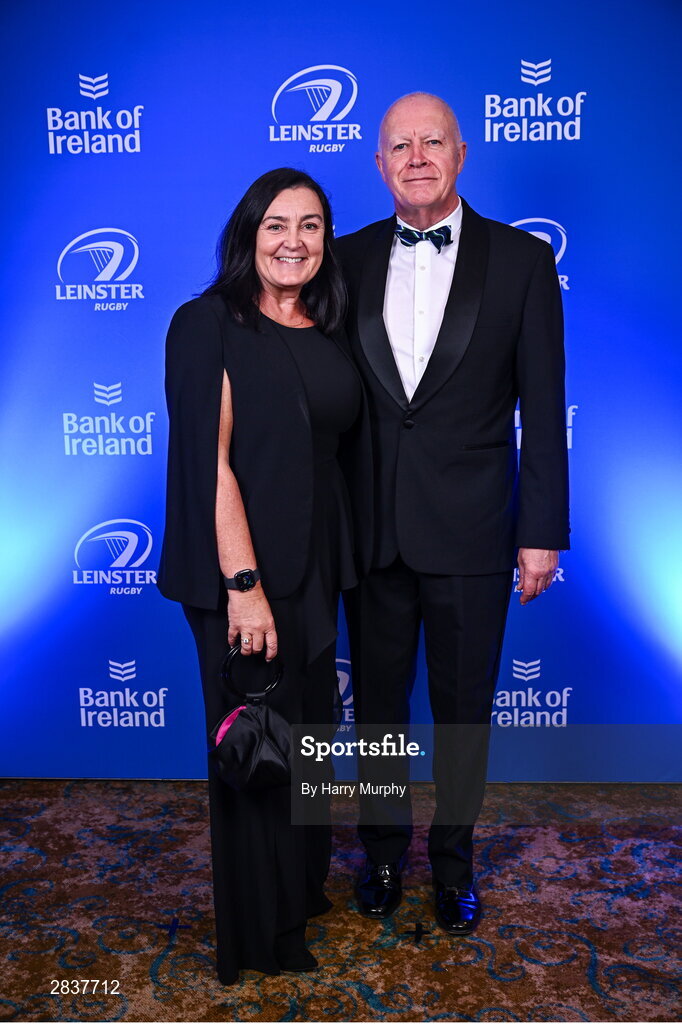 1 June 2024; Frank Byrne and Fiona Alcock on arrival at the 2024 Leinster Rugby Awards Ball at The InterContinental Hotel in Dublin. Photo by Harry Murphy/Sportsfile