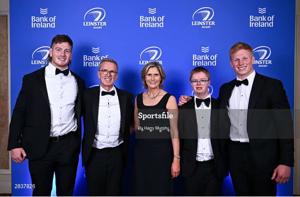 1 June 2024; The McCarthy family, from left, Joe, Joe, Paula, Andrew and Paddy during the 2024 Leinster Rugby Awards Ball at The InterContinental Hotel in Dublin. Photo by Harry Murphy/Sportsfile