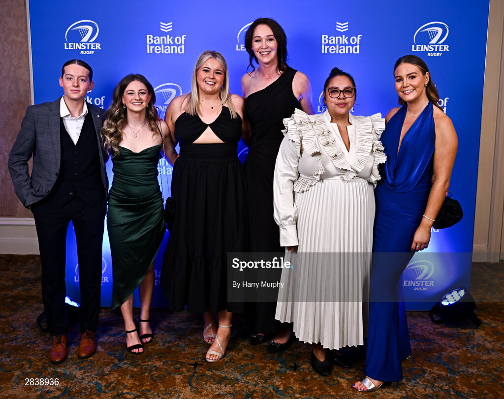1 June 2024; Sheena O'Neill, Naoise O'Reilly, Emily Byrne, Maz O'Reilly, Audrey Messina and Katelynn Doran on arrival at the 2024 Leinster Rugby Awards Ball at The InterContinental Hotel in Dublin. Photo by Harry Murphy/Sportsfile
