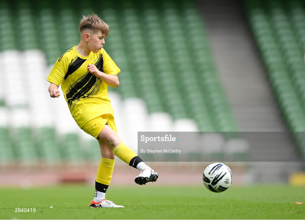 29 May 2024; Lewis Hamilton of St Eunan’s NS, Raphoe, Donegal, during the FAI Primary 5s Finals day at Aviva Stadium in Dublin. Photo by Stephen McCarthy/Sportsfile