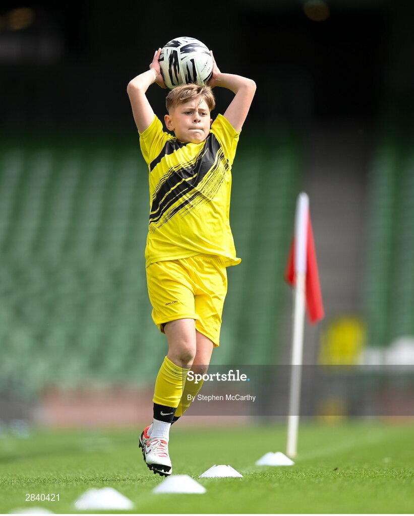 29 May 2024; Lewis Hamilton of St Eunan’s NS, Raphoe, Donegal, during the FAI Primary 5s Finals day at Aviva Stadium in Dublin. Photo by Stephen McCarthy/Sportsfile
