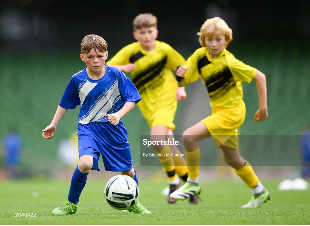 29 May 2024; Austin Barry of Kentstown NS, Meath, during the FAI Primary 5s Finals day at Aviva Stadium in Dublin. Photo by Stephen McCarthy/Sportsfile