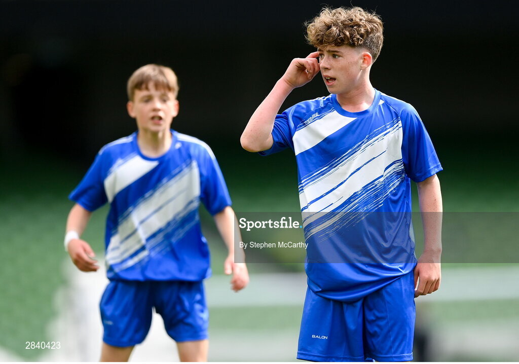 29 May 2024; Mossie Gillic of Kentstown NS, Meath, during the FAI Primary 5s Finals day at Aviva Stadium in Dublin. Photo by Stephen McCarthy/Sportsfile
