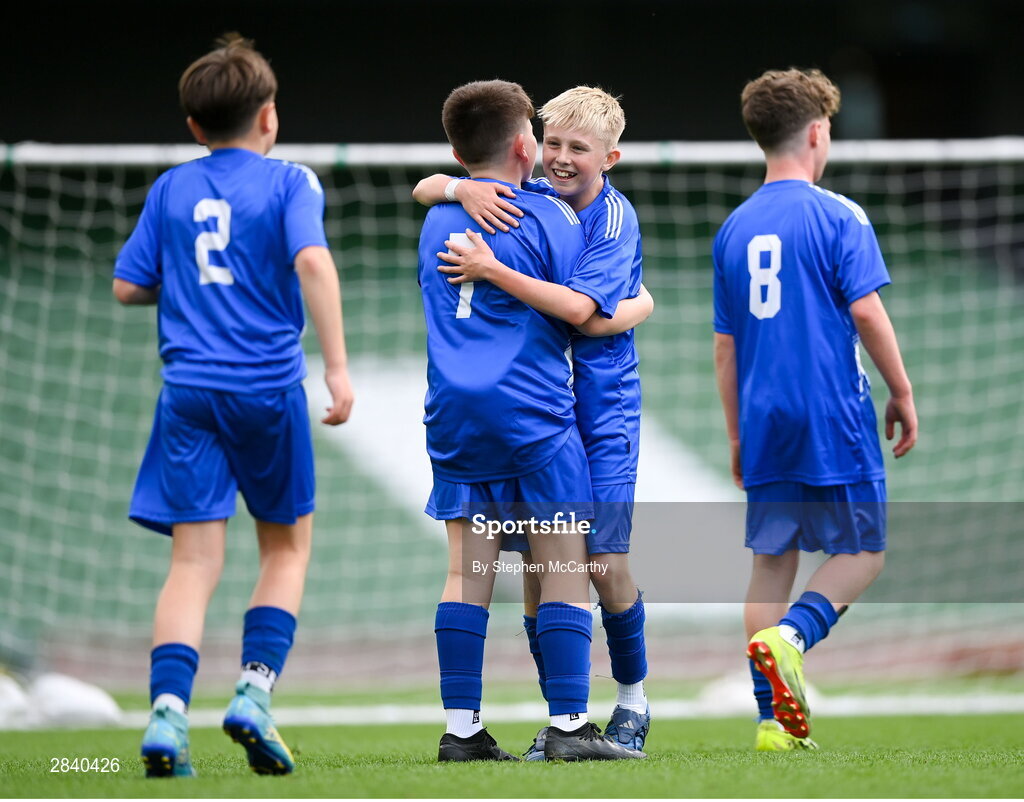 29 May 2024; Eoghan Hosie of Kentstown NS, Meath, celebrates with Eoin Carolan, 7,  during the FAI Primary 5s Finals day at Aviva Stadium in Dublin. Photo by Stephen McCarthy/Sportsfile