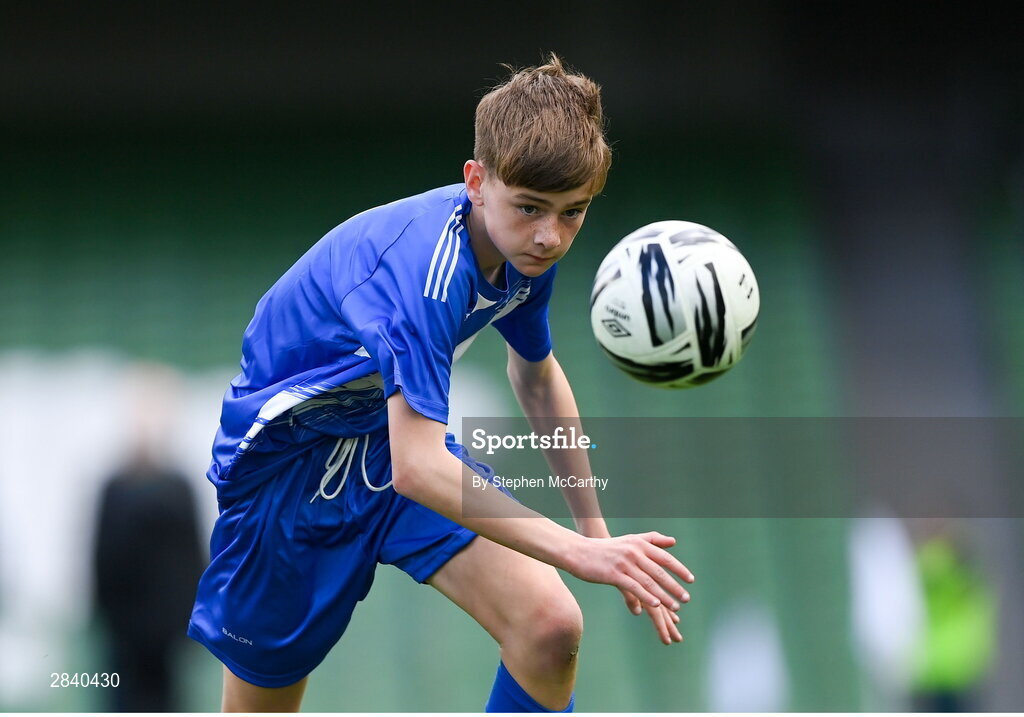 29 May 2024; James Maguire of Scoil Moibhi, Dublin, during the FAI Primary 5s Finals day at Aviva Stadium in Dublin. Photo by Stephen McCarthy/Sportsfile