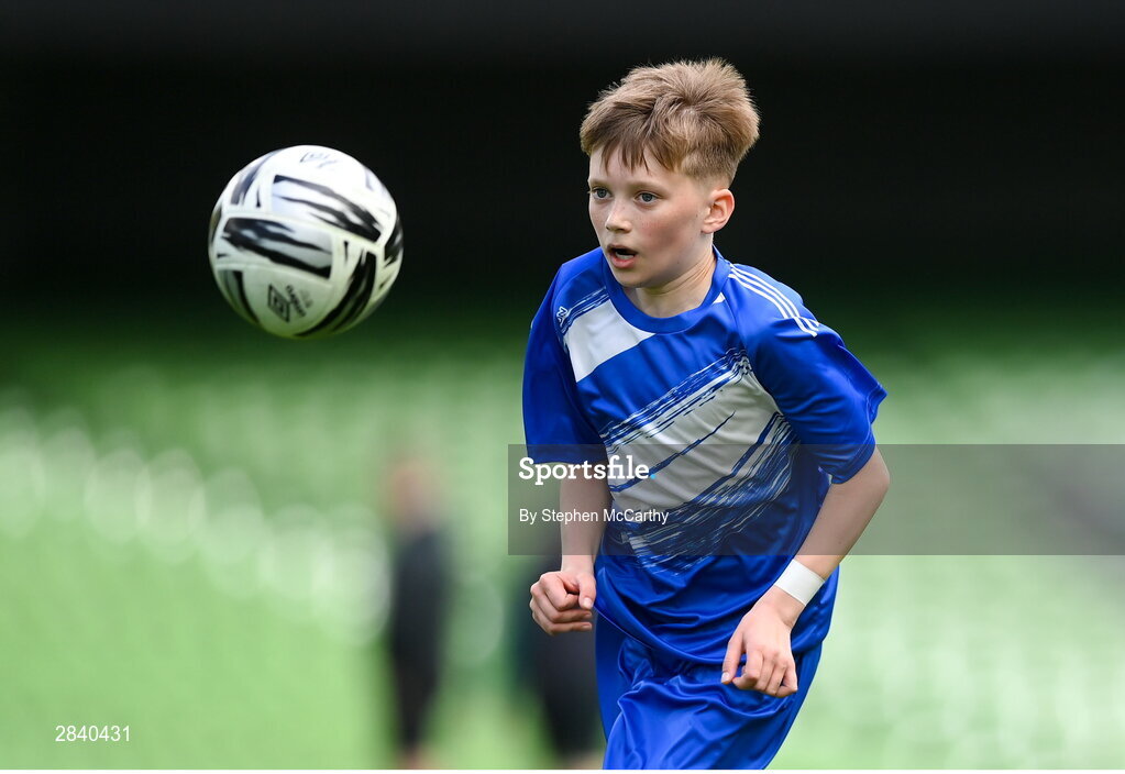 29 May 2024; Mark Daly of Scoil Moibhi, Dublin, during the FAI Primary 5s Finals day at Aviva Stadium in Dublin. Photo by Stephen McCarthy/Sportsfile