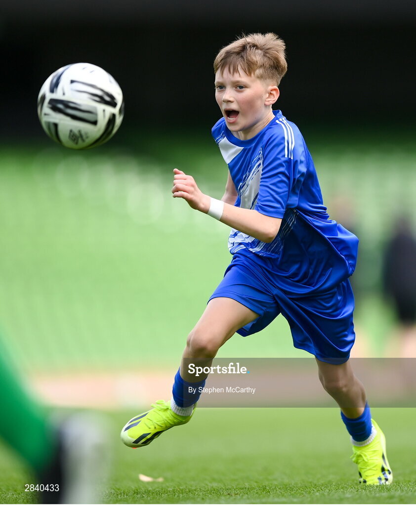 29 May 2024; Mark Daly of Scoil Moibhi, Dublin, during the FAI Primary 5s Finals day at Aviva Stadium in Dublin. Photo by Stephen McCarthy/Sportsfile