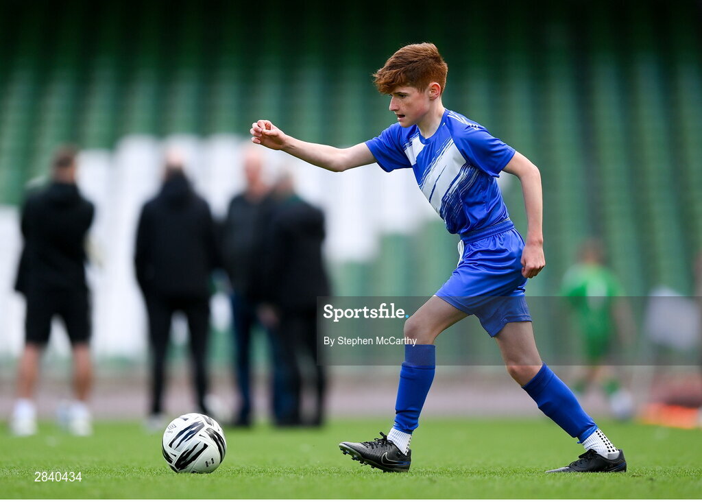 29 May 2024; Hugh Fynes of Scoil Moibhi, Dublin, during the FAI Primary 5s Finals day at Aviva Stadium in Dublin. Photo by Stephen McCarthy/Sportsfile