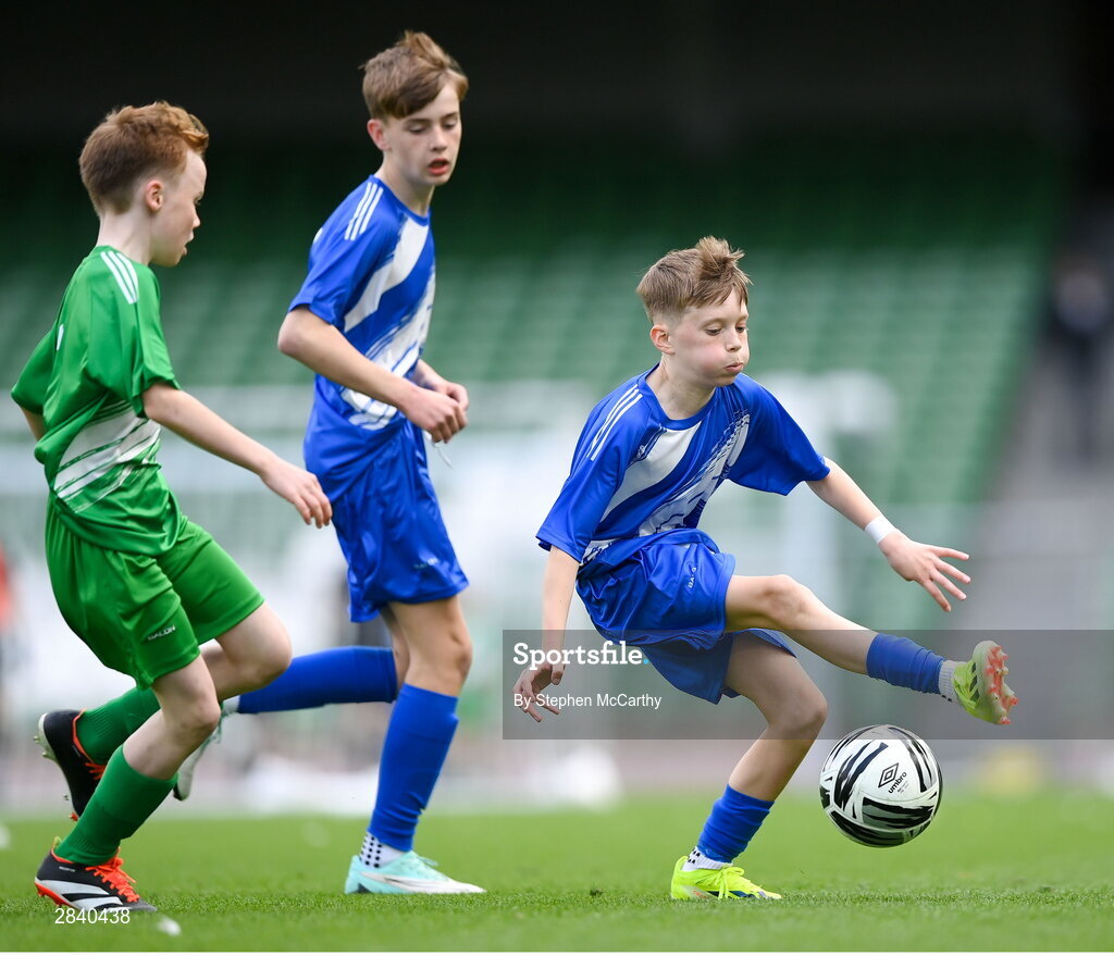 29 May 2024; Mark Daly of Scoil Moibhi, Dublin, during the FAI Primary 5s Finals day at Aviva Stadium in Dublin. Photo by Stephen McCarthy/Sportsfile