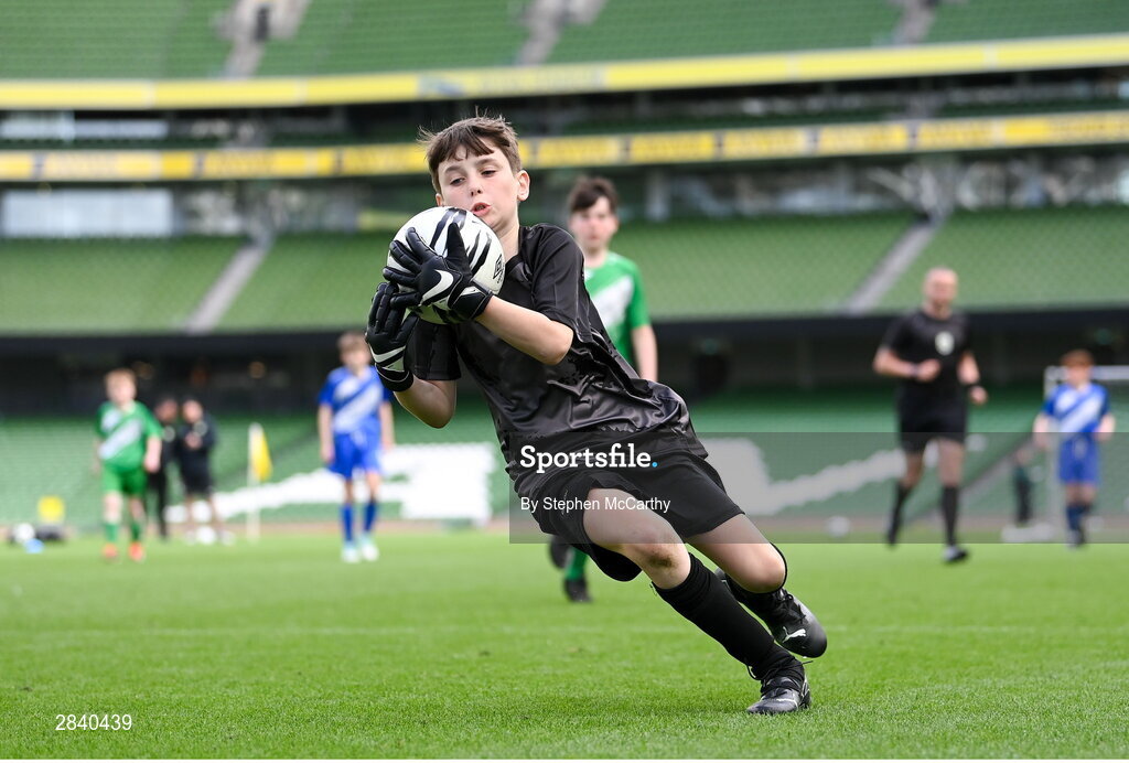 29 May 2024; Cillian Harkin of Windfield NS, Galway, during the FAI Primary 5s Finals day at Aviva Stadium in Dublin. Photo by Stephen McCarthy/Sportsfile