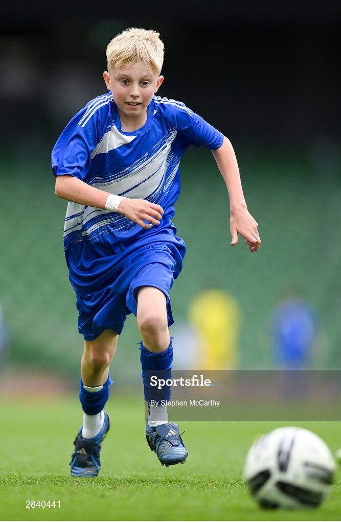 29 May 2024; Eoghan Hosie of Kentstown NS, Meath, during the FAI Primary 5s Finals day at Aviva Stadium in Dublin. Photo by Stephen McCarthy/Sportsfile