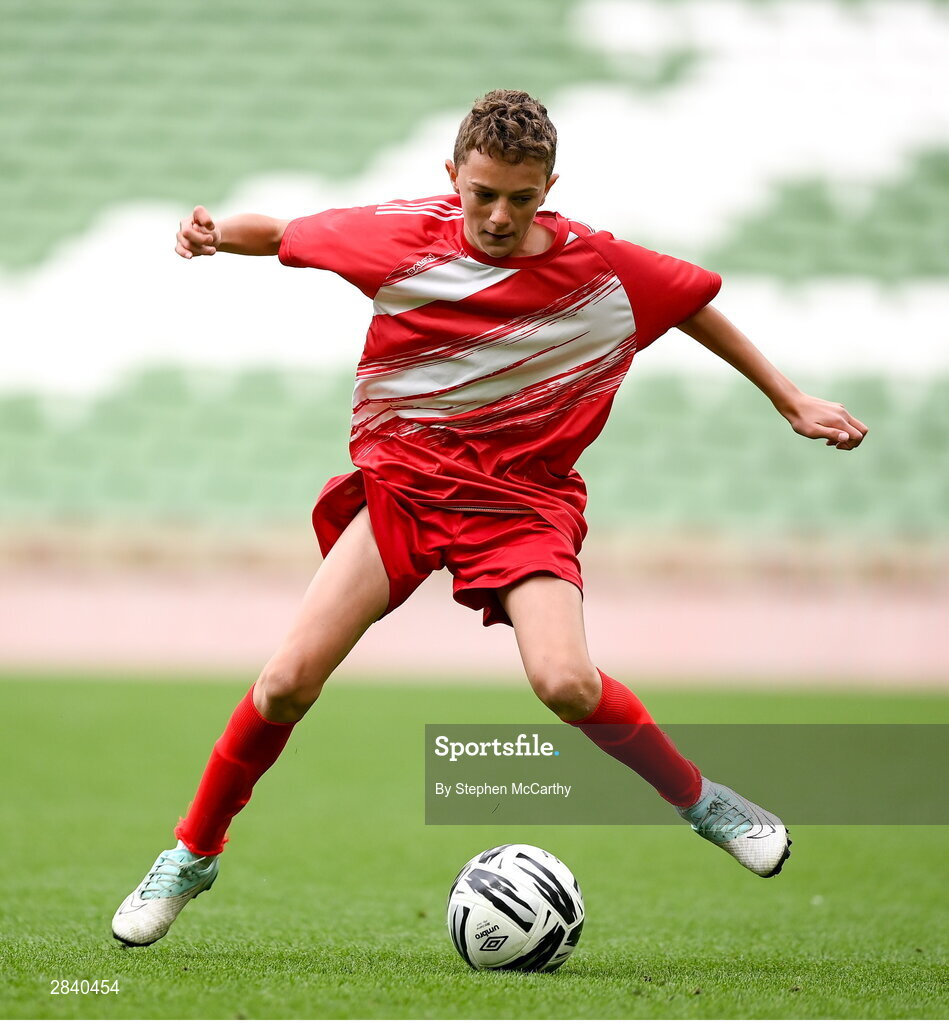 29 May 2024; Cian Shannon of Beaumont BNS, Blackrock, Cork, during the FAI Primary 5s Finals day at Aviva Stadium in Dublin. Photo by Stephen McCarthy/Sportsfile