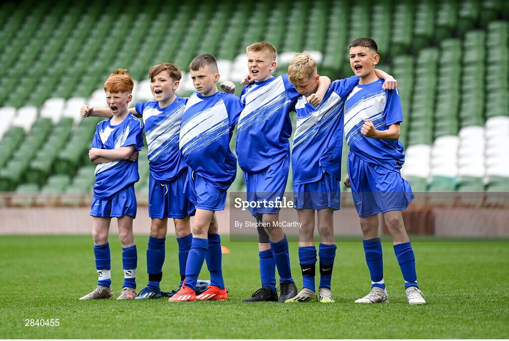 29 May 2024; St Declan’s NS, Ashbourne, Meath, players during a penalty shoot-out for the section C cup, for mixed large sized schools, during the FAI Primary 5s Finals day at Aviva Stadium in Dublin. Photo by Stephen McCarthy/Sportsfile