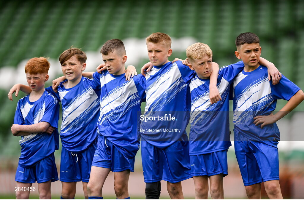 29 May 2024; St Declan’s NS, Ashbourne, Meath, players during a penalty shoot-out for the section C cup, for mixed large sized schools, during the FAI Primary 5s Finals day at Aviva Stadium in Dublin. Photo by Stephen McCarthy/Sportsfile