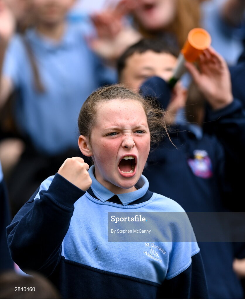 29 May 2024; St Declan’s NS, Ashbourne, Meath, supporters during the FAI Primary 5s Finals day at Aviva Stadium in Dublin. Photo by Stephen McCarthy/Sportsfile