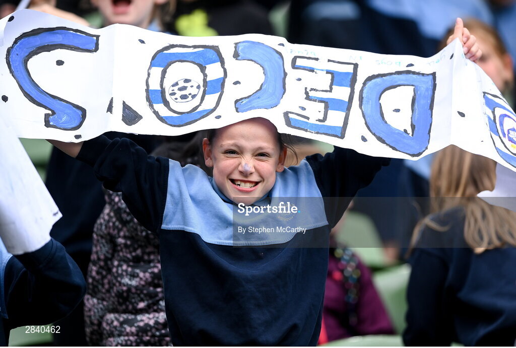 29 May 2024; St Declan’s NS, Ashbourne, Meath, supporters during the FAI Primary 5s Finals day at Aviva Stadium in Dublin. Photo by Stephen McCarthy/Sportsfile