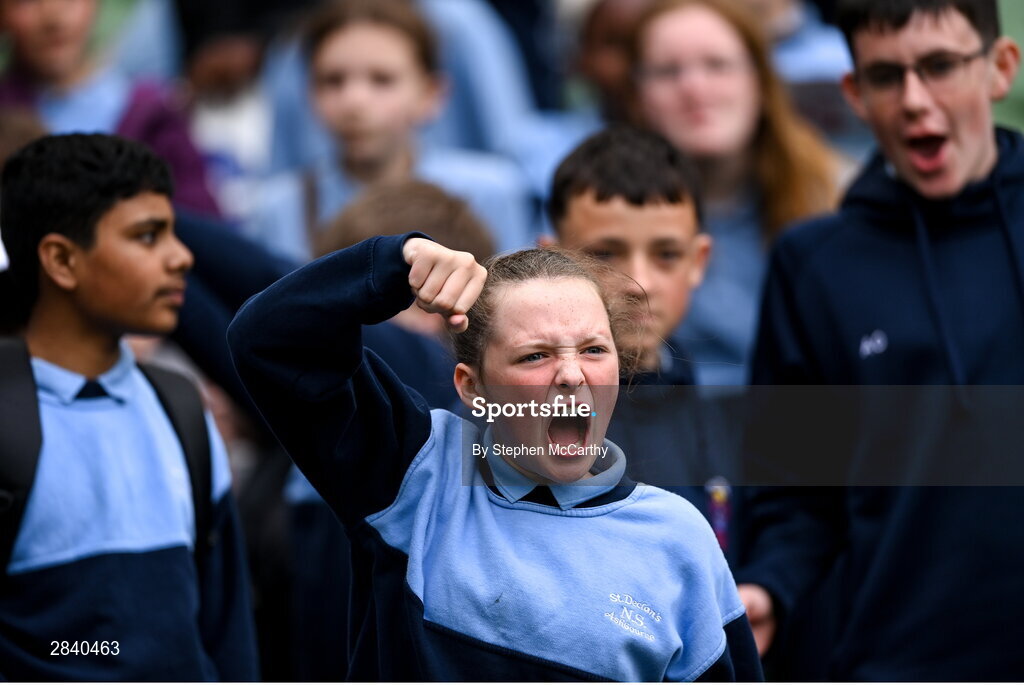 29 May 2024; St Declan’s NS, Ashbourne, Meath, supporters during the FAI Primary 5s Finals day at Aviva Stadium in Dublin. Photo by Stephen McCarthy/Sportsfile