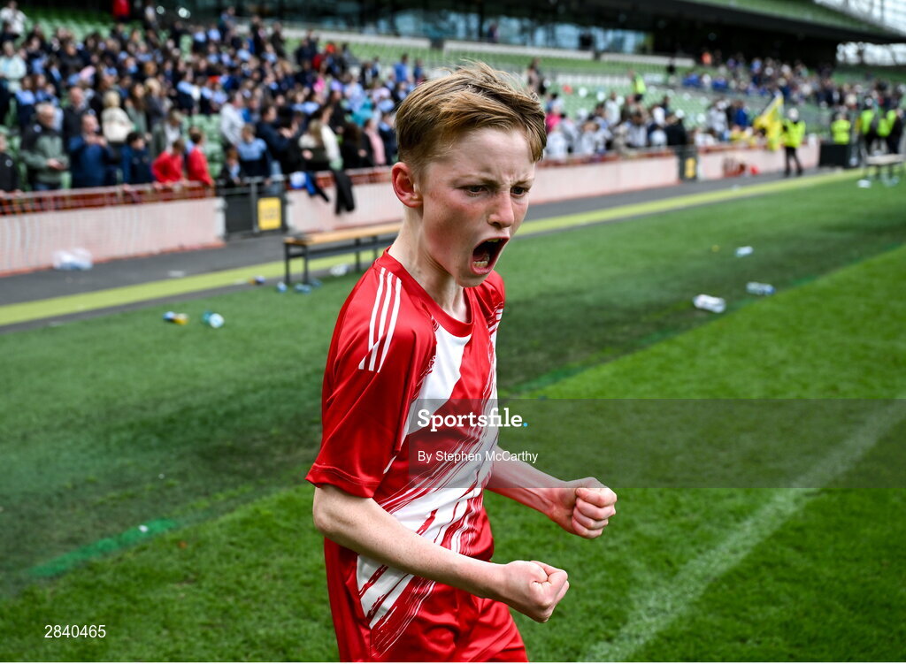29 May 2024; Kieran Stack of Beaumont BNS, Blackrock, Cork, celebrates after winning the section C cup, for mixed large sized schools, during the FAI Primary 5s Finals day at Aviva Stadium in Dublin. Photo by Stephen McCarthy/Sportsfile