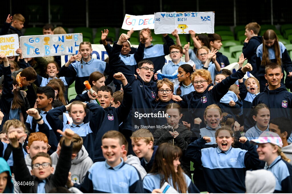 29 May 2024; St Declan’s NS, Ashbourne, Meath, supporters during the FAI Primary 5s Finals day at Aviva Stadium in Dublin. Photo by Stephen McCarthy/Sportsfile