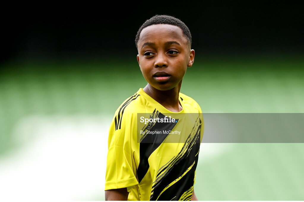 29 May 2024; Amini Twalib of Illistrin NS, Donegal, during the FAI Primary 5s Finals day at Aviva Stadium in Dublin. Photo by Stephen McCarthy/Sportsfile