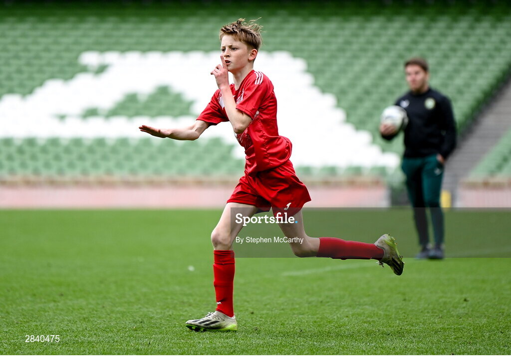 29 May 2024; Kieran Stack of Beaumont BNS, Blackrock, Cork, celebrates during the FAI Primary 5s Finals day at Aviva Stadium in Dublin. Photo by Stephen McCarthy/Sportsfile