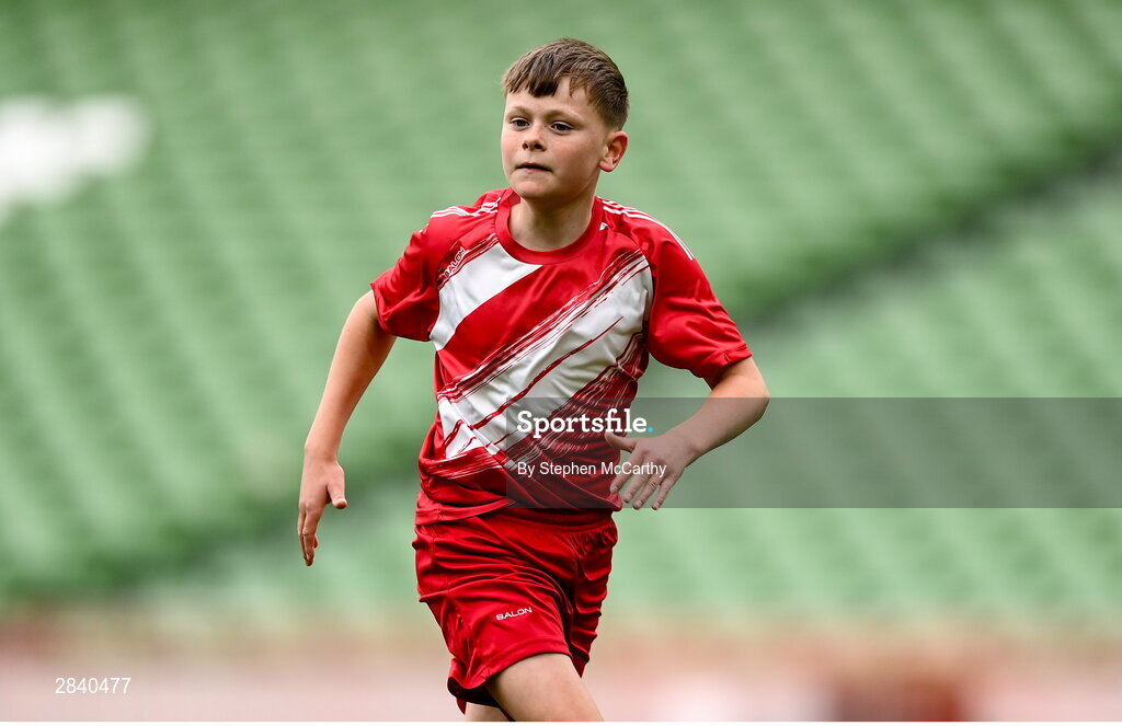 29 May 2024; Conor Browne of Beaumont BNS, Blackrock, Cork, during the FAI Primary 5s Finals day at Aviva Stadium in Dublin. Photo by Stephen McCarthy/Sportsfile