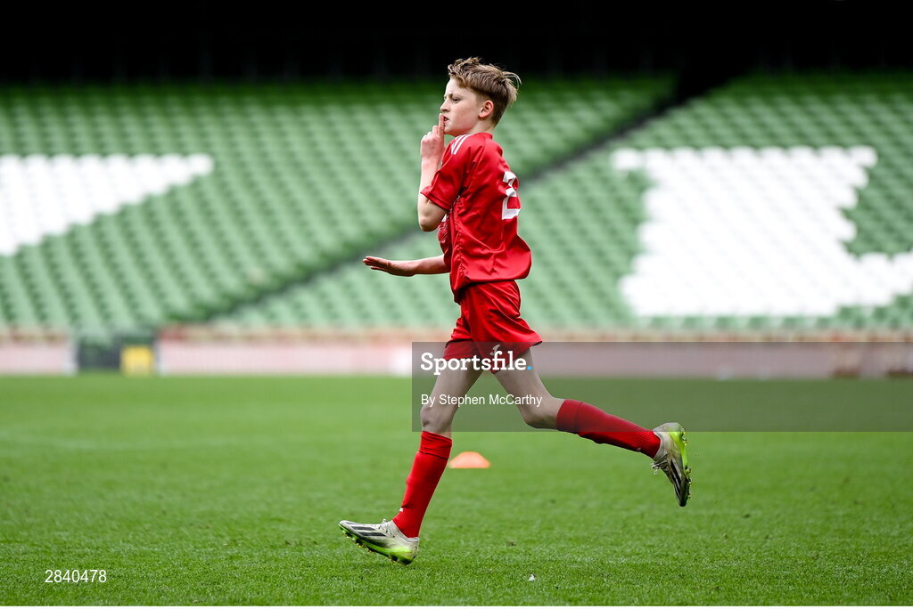 29 May 2024; Kieran Stack of Beaumont BNS, Blackrock, Cork, celebrates during the FAI Primary 5s Finals day at Aviva Stadium in Dublin. Photo by Stephen McCarthy/Sportsfile
