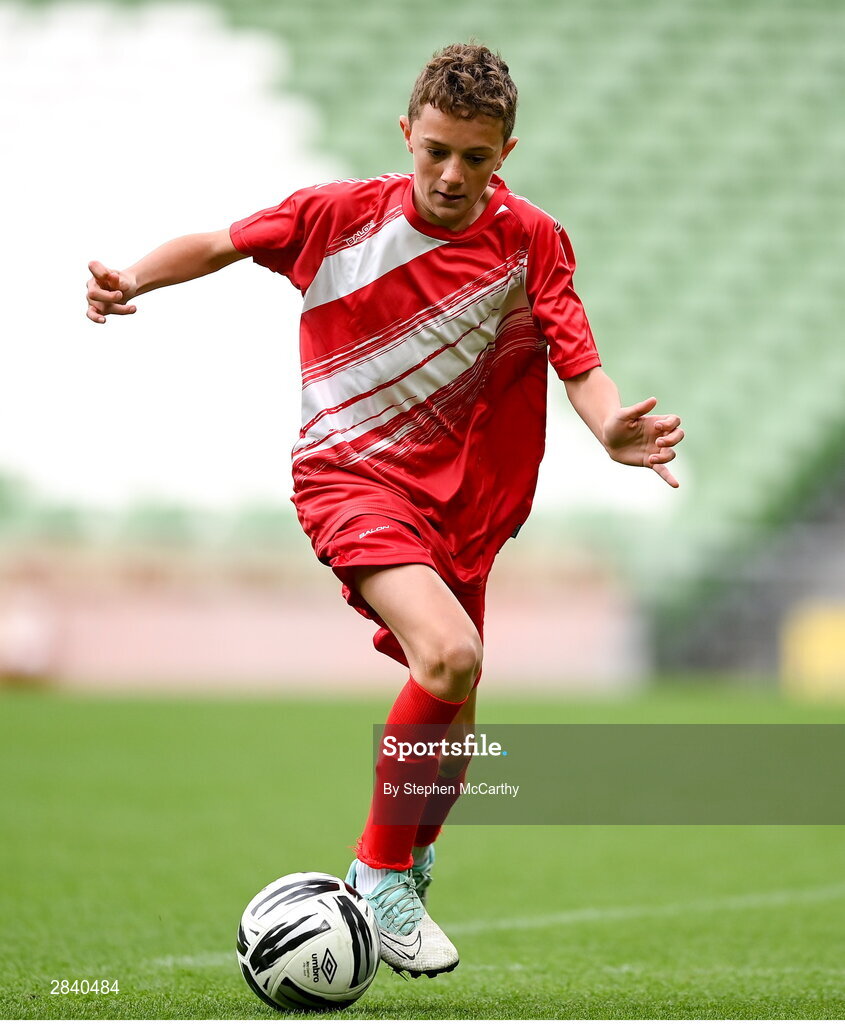 29 May 2024; Cian Shannon of Beaumont BNS, Blackrock, Cork, during the FAI Primary 5s Finals day at Aviva Stadium in Dublin. Photo by Stephen McCarthy/Sportsfile