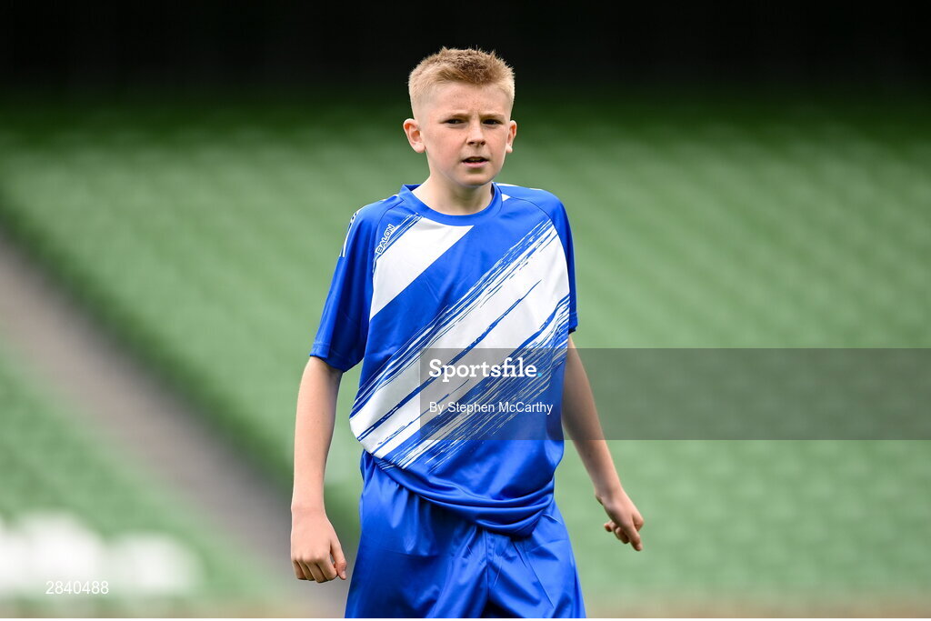29 May 2024; Ashton Dillon of St Declan’s NS, Ashbourne, Meath, during the FAI Primary 5s Finals day at Aviva Stadium in Dublin. Photo by Stephen McCarthy/Sportsfile