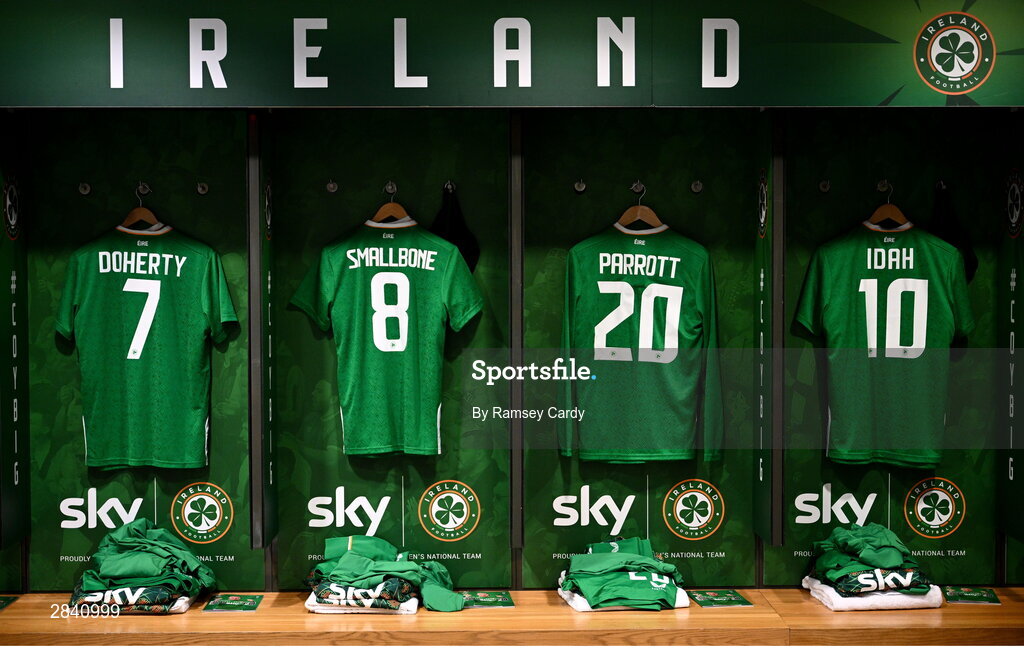 4 June 2024; The jerseys of Republic of Ireland players, Matt Doherty, Will Smallbone, Troy Parrott and Adam Idah, in the dressing room before the international friendly match between Republic of Ireland and Hungary at Aviva Stadium in Dublin. Photo by Ramsey Cardy/Sportsfile