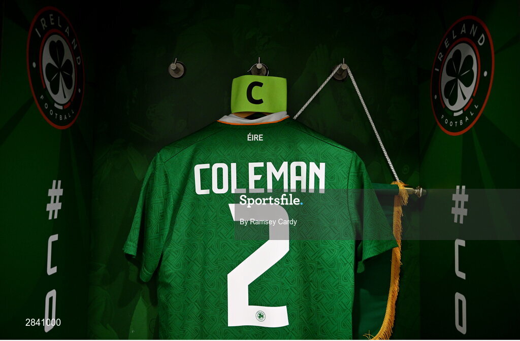 4 June 2024; The jersey of Seamus Coleman in the dressing room before the international friendly match between Republic of Ireland and Hungary at Aviva Stadium in Dublin. Photo by Ramsey Cardy/Sportsfile