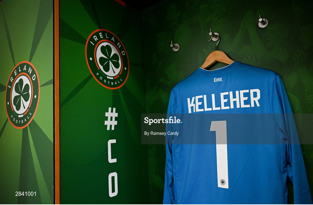 4 June 2024; The jersey of Republic of Ireland goalkeeper Caoimhin Kelleher in the dressing room before the international friendly match between Republic of Ireland and Hungary at Aviva Stadium in Dublin. Photo by Ramsey Cardy/Sportsfile