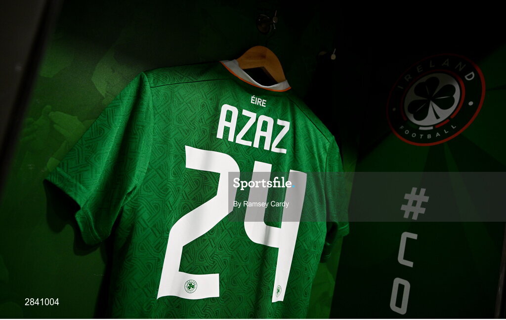4 June 2024; The jersey of Finn Azaz of Republic of Ireland in the dressing room before the international friendly match between Republic of Ireland and Hungary at Aviva Stadium in Dublin. Photo by Ramsey Cardy/Sportsfile