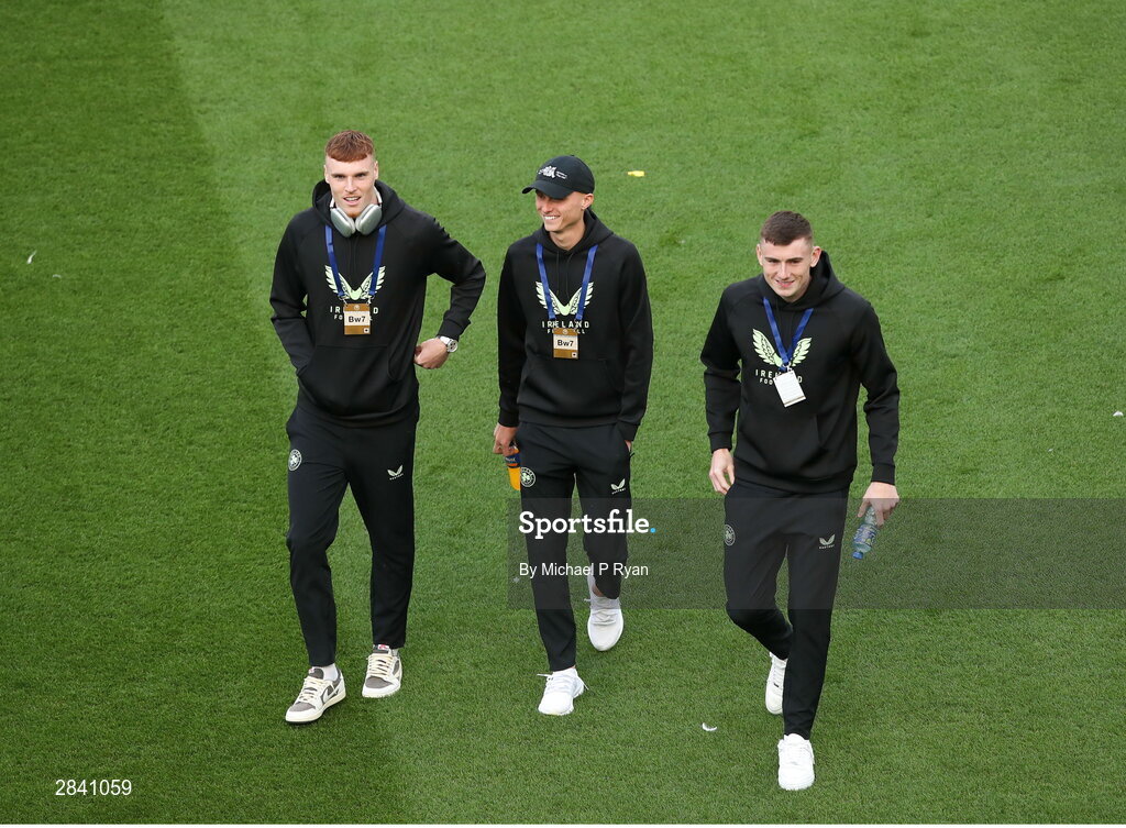 4 June 2024; Republic of Ireland players, from left, Jake O'Brien, Will Smallbone, and David Harrington before the international friendly match between Republic of Ireland and Hungary at Aviva Stadium in Dublin. Photo by Michael P Ryan/Sportsfile